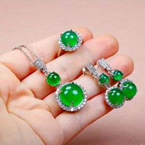 Natural Green Jade Pendant Necklace Set,EthnicStyle Jade Rhinestone Drop Earring